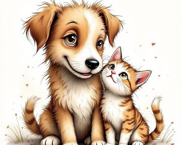 Cartoon Puppy and Kitten Sitting Together on Ground