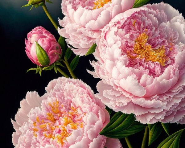 Blooming Pink Peonies in Dark Background Artwork