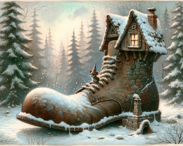 Giant Boot House in Snowy Fairy-Tale Landscape