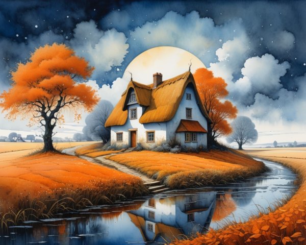 Cottage Surrounded by Autumn Foliage and River Reflection