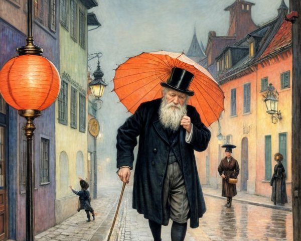 Man with Top Hat and Red Umbrella on Cobblestone Street