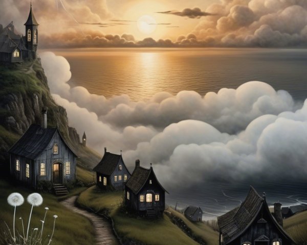 Serene Landscape with Cottages and Tranquil Ocean