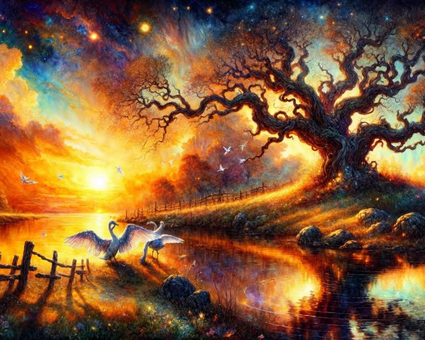 Surreal Landscape with Tree, Swans, and Sunset Glow