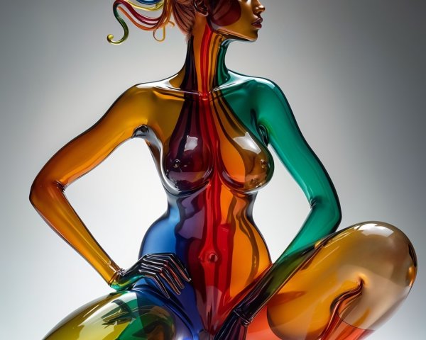 Glass Sculpture of Crouching Female Figure in Colorful Gradient