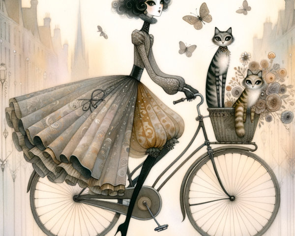 Whimsical illustration of a woman on a bicycle with cats
