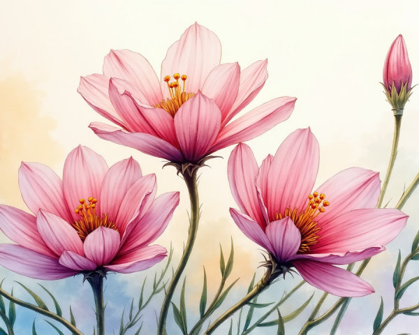 Watercolor Painting of Pink Flowers and Green Stems