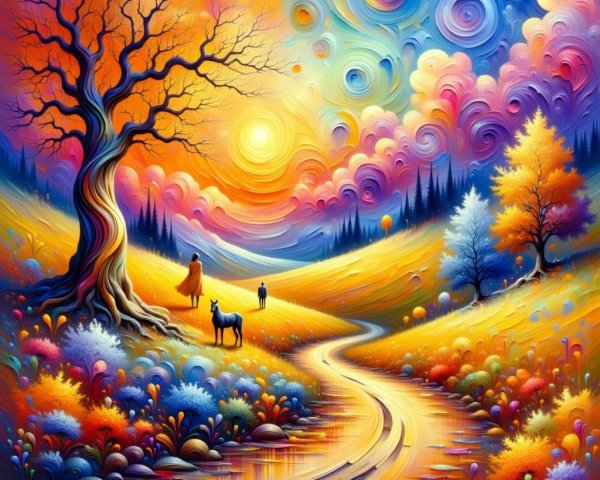 Vibrant Landscape with Winding Path and Majestic Tree