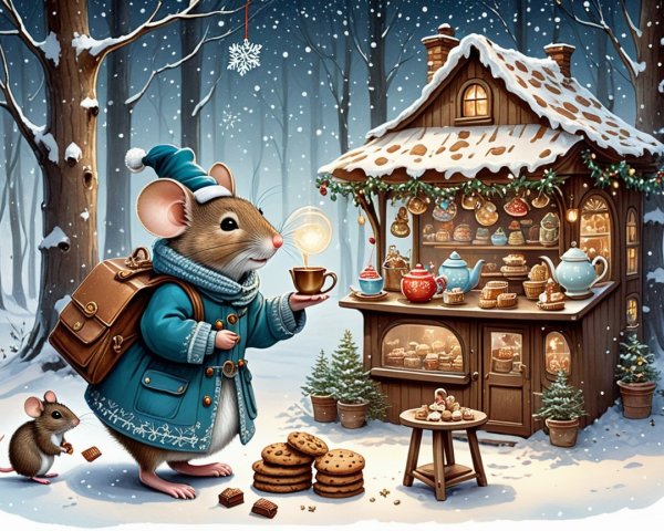 Charming Mouse in Blue Coat by Festive Cottage