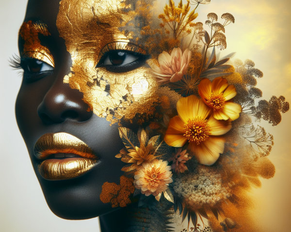 Close-Up of Woman's Face with Gold and Flowers