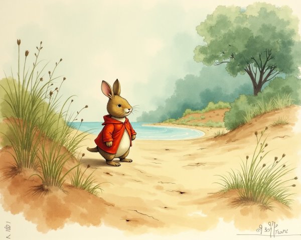 Charming Rabbit Character on Sandy Beach Path