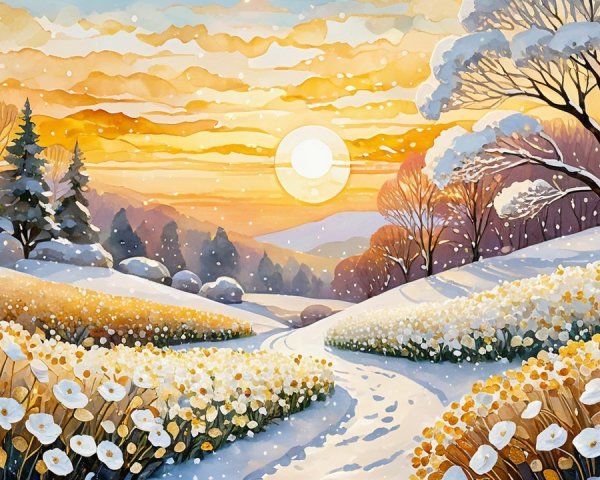 Serene Winter Landscape with Snow and Sunrise