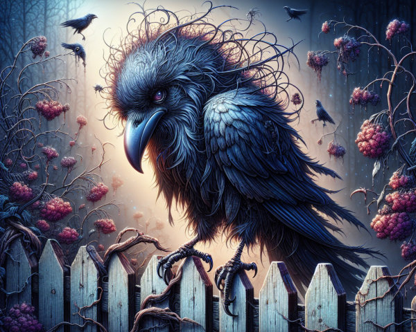 Surreal Crow on Wooden Fence in Mystical Woods