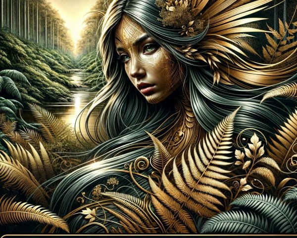 Hyper-realistic portrait of a woman with nature elements