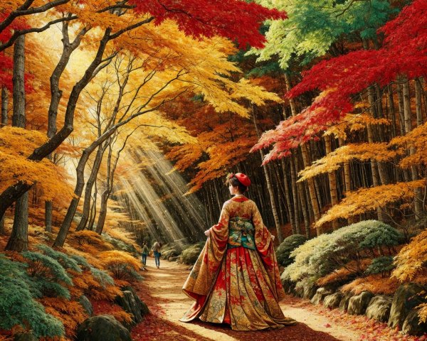 Woman in Kimono Amidst Autumn Forest Landscape