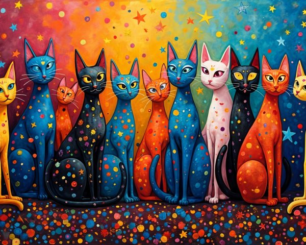 Colorful Stylized Cats in a Starry Background