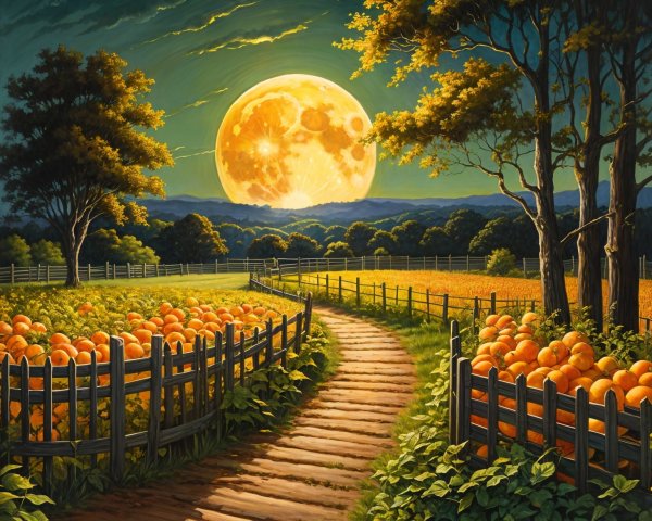 Wooden Path Through Vibrant Pumpkin Field at Night