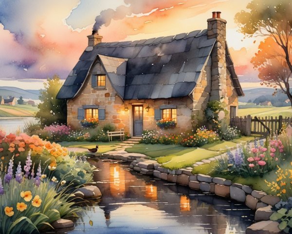 Watercolor of a cottage by a stream at sunset