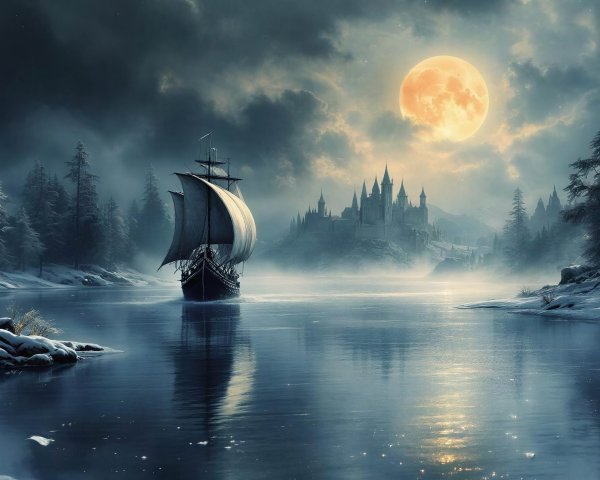 Fantastical Oil Painting of Sailboat by Icy Lake