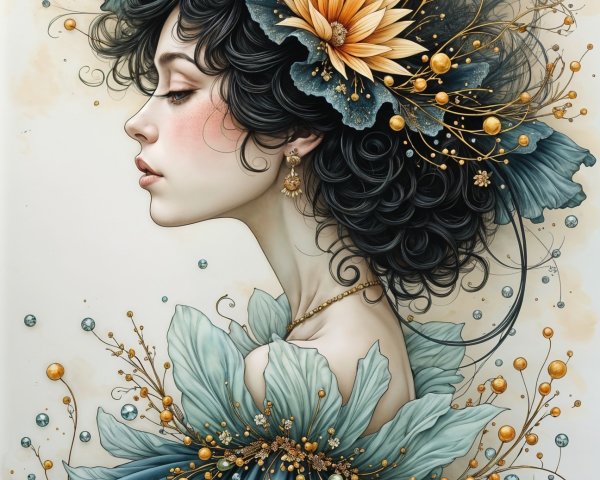 Young Woman in Floral Adornments and Blue Gown