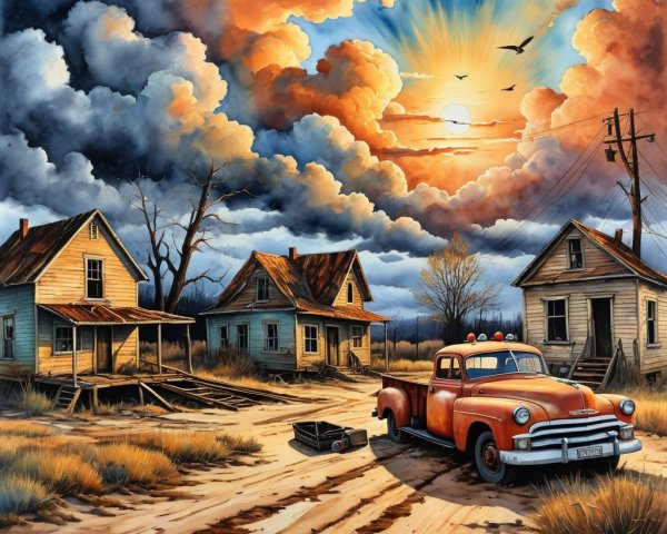 Vibrant Sunset Over a Desolate Rural Landscape
