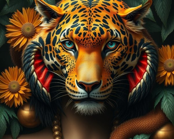 Surreal Portrait of Leopard with Sunflowers and Leaves