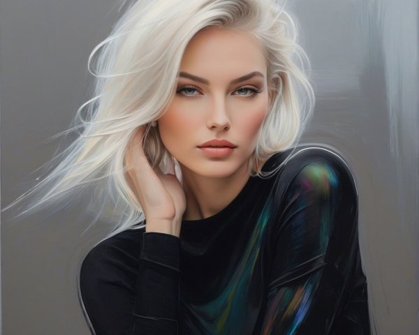 Portrait of a Woman with Platinum Blonde Hair and Green Eyes