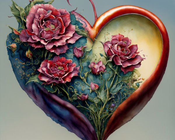 Vibrant Heart Artwork with Red Roses and Green Vines