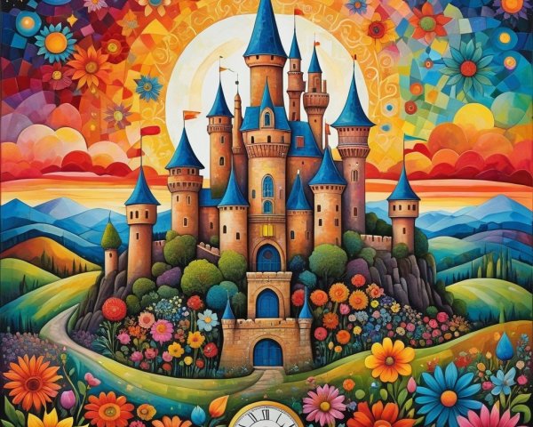 Whimsical castle on a hill with colorful sunset sky