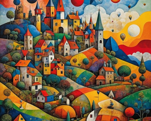Vibrant Dreamlike Village in a Colorful Landscape