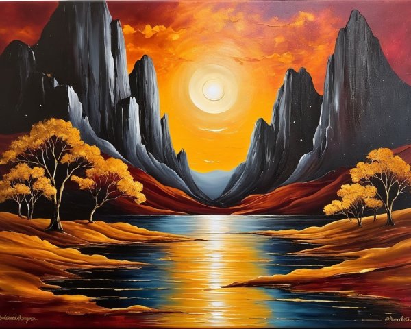 Sunset Landscape with Vibrant Colors and Mountains