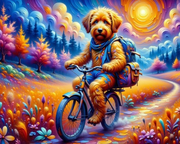 Fluffy Dog on Bicycle in Vibrant Landscape Scene