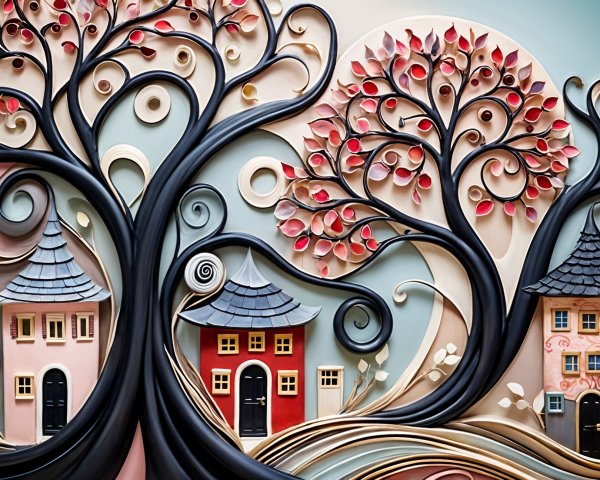 Whimsical Scene with Intricate Trees and Colorful Houses