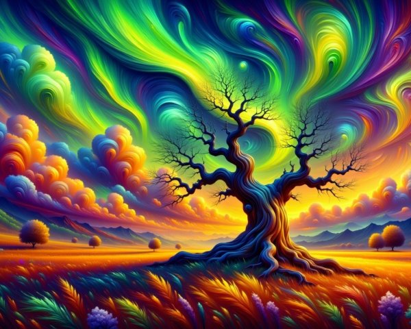 Surreal Landscape with Gnarled Tree and Colorful Sky