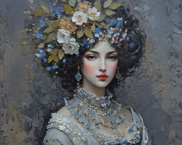 Portrait of a Young Woman with Floral Crown and Dress