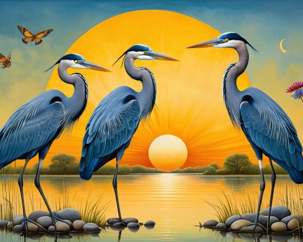 Elegant herons by a serene lake at sunset