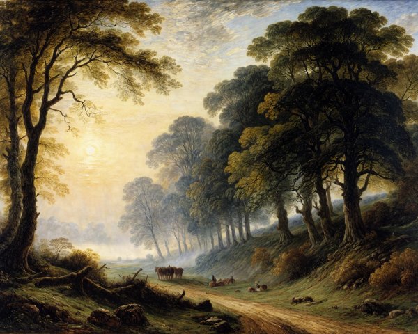 Serene landscape with trees, path, and grazing horses