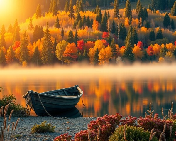 Blue Boat by Serene Lake in Autumn Colors