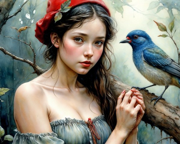 Young woman with headscarf in serene forest scene