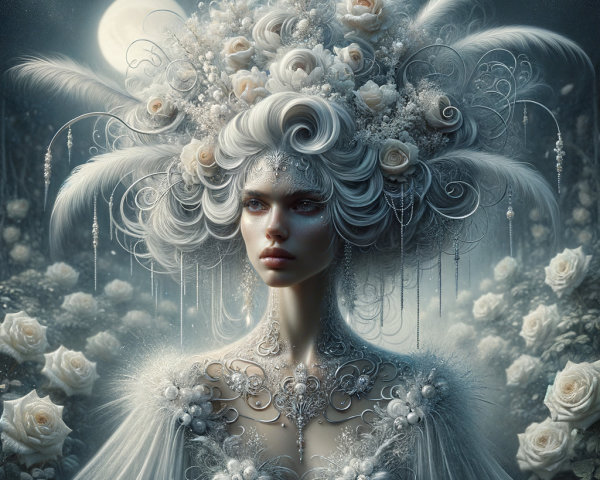 Ethereal Figure in Moonlit Garden with Floral Motifs