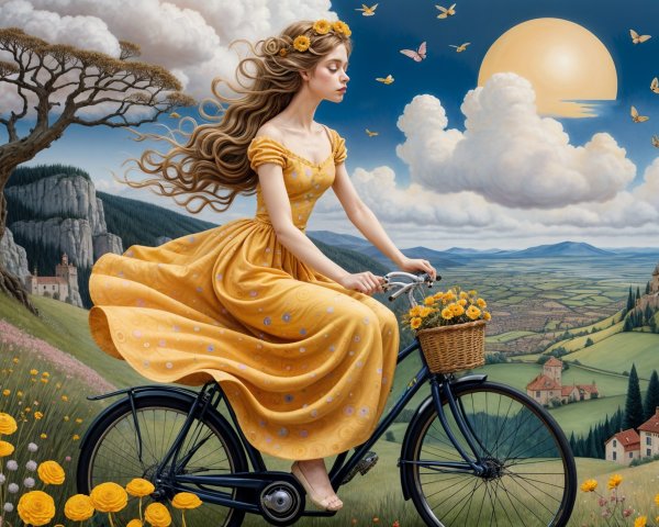 Young woman in yellow dress riding bicycle with flowers