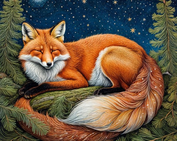 Fox on a Mossy Log Under a Starry Night Sky