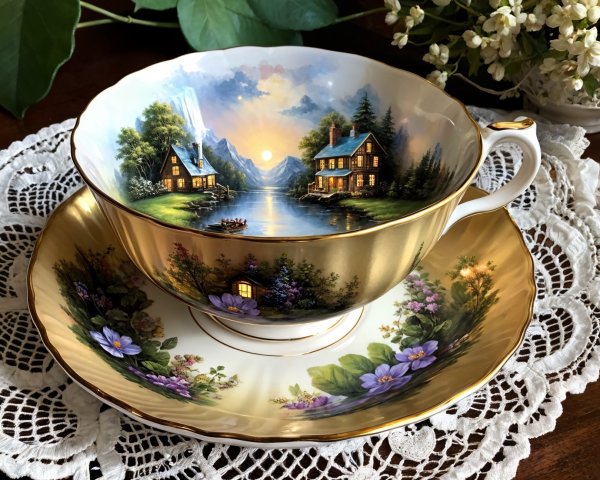 Porcelain Teacup and Saucer with Floral Designs