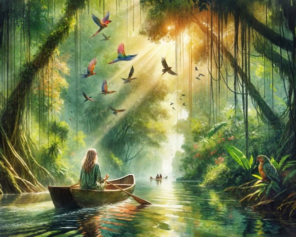 Serene Jungle Scene with Canoe on Shimmering River