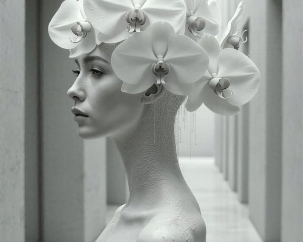 Grayscale Digital Portrait of Woman with Orchid Crown