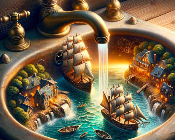 Vintage Sink with Golden Faucet in Fantasy Landscape