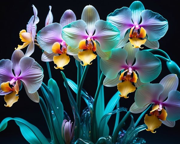 Vibrant Orchids in Glass Vase with Dramatic Lighting