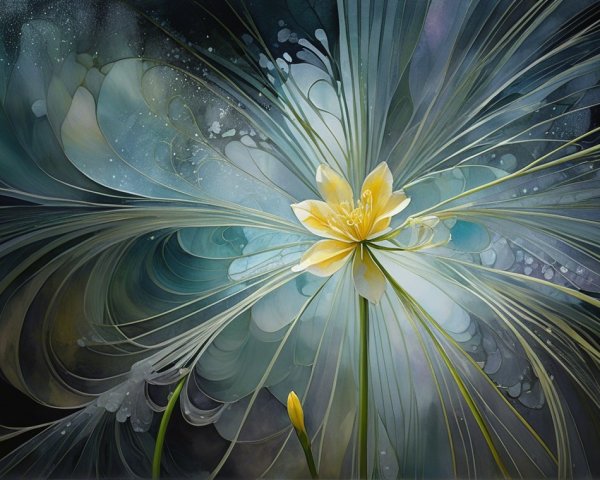 Delicate Yellow Flower Surrounded by Soft Blues and Greens