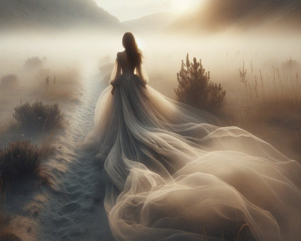 Woman in ethereal gown on misty pathway at dawn