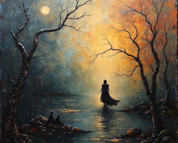 Lonely Woman in Black Dress by Dark Water and Moon