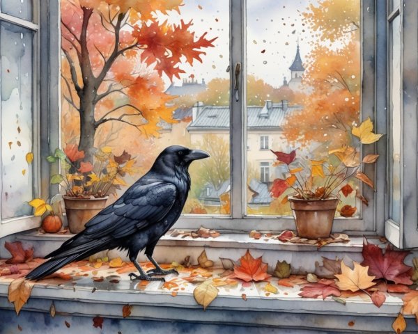 Raven on Windowsill with Autumn Trees and Cozy Decor